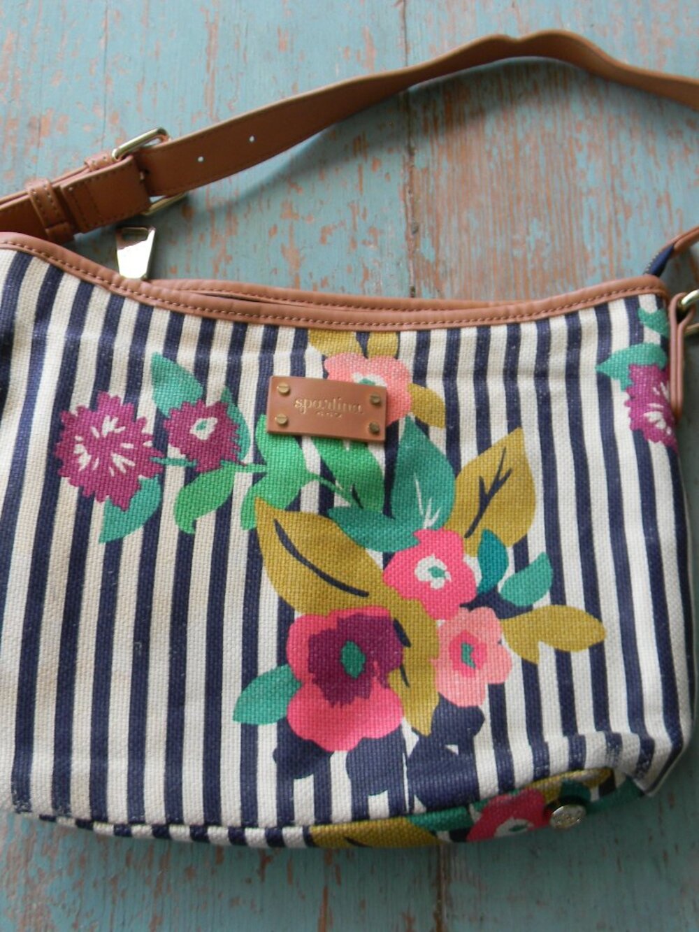 Spartina 449 Linen Leather Purse Blue White Stripe Tropical Floral Shoulder Bag